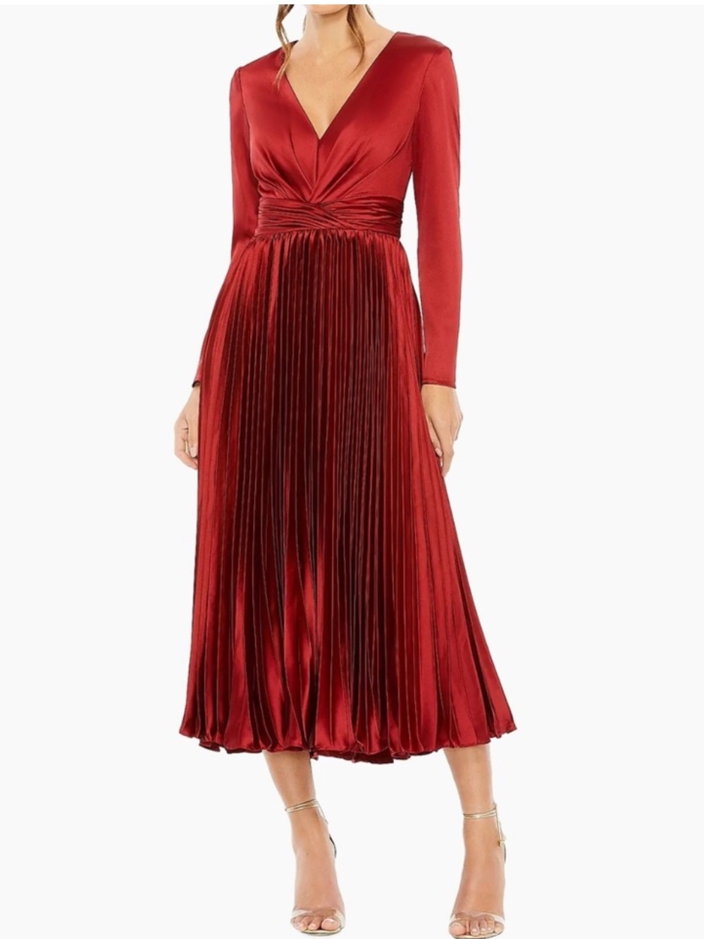 Mac Duggal Red V-Neck Pleated Midi Dress